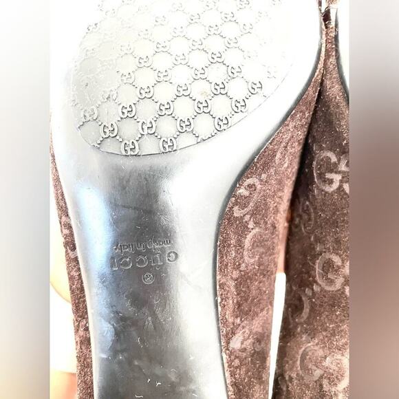 Gucci Horsebit Web Stripe GG Pump Size 8.5 Brown Suede Pointed Toe Kitten Heel - Picture 6 of 10